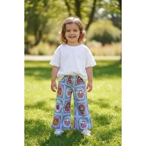 VTG Health-tex Blue Novelty Print Wide Leg Pants 2T Heart Ladybug Mushroom USA
